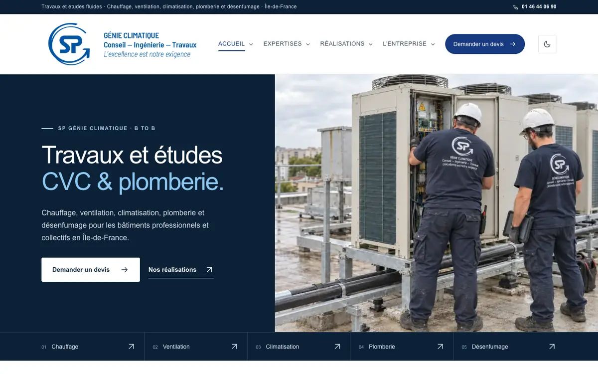 Page d’accueil du site de SPGC, génie climatique, sur ordinateur