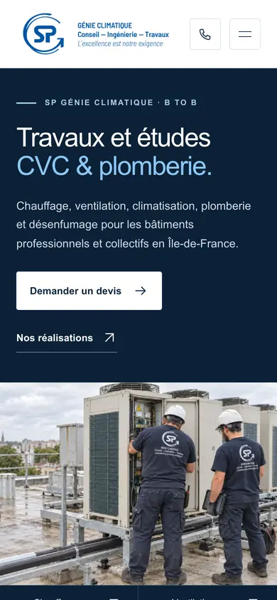 Page d’accueil du site de SPGC, génie climatique, sur téléphone